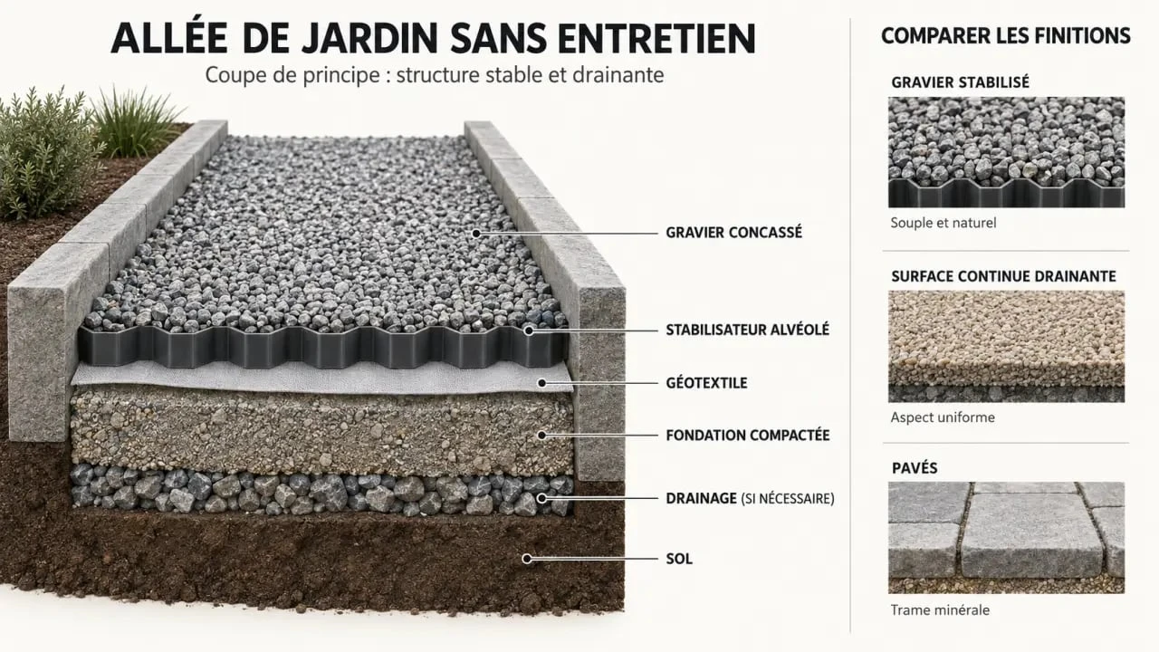 Schéma d’une allée de jardin sans entretien avec géotextile, fondation, stabilisateur et gravier
