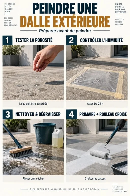 Étapes pour peindre une dalle en béton extérieur : test de porosité, nettoyage, primaire et application au rouleau