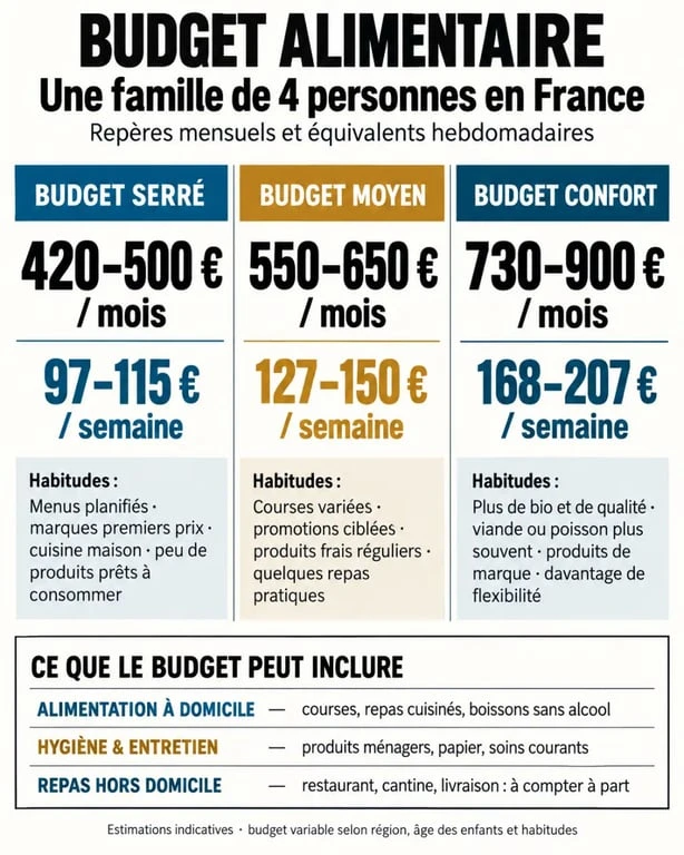 Infographie du budget alimentaire famille 4 personnes selon trois niveaux de dépenses mensuelles