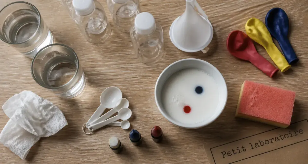 Expérience scientifique enfant : petit laboratoire, matériel du quotidien
