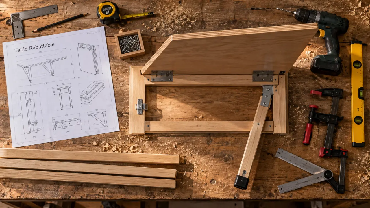 Fabriquer table rabattable avec pied : sécuriser le plateau avant le premier pliage