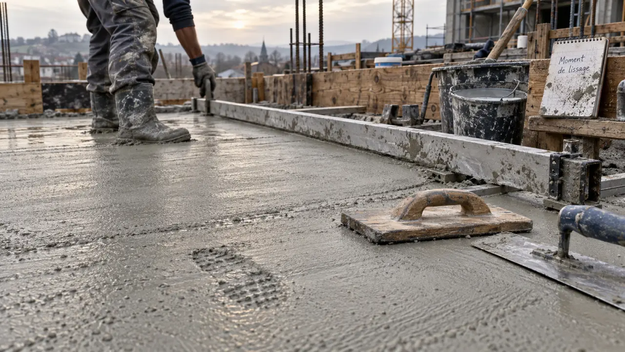 Lisser le beton sur dalle fraîche, truelle et règle, défauts évités