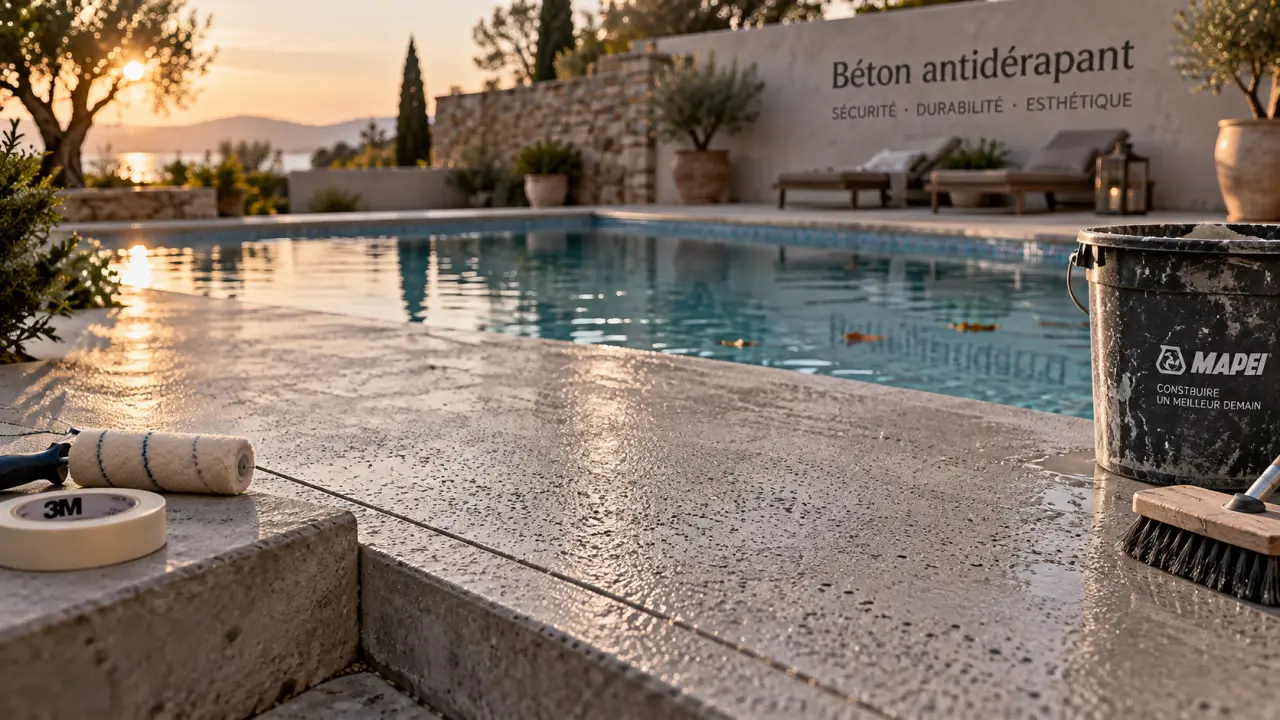 Beton exterieur sol antiderapant pour terrasse et allée près de la piscine