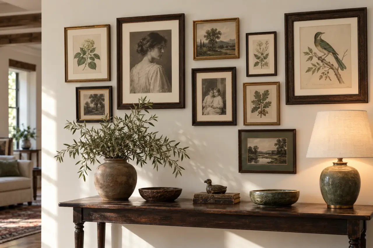 Mur de cadres et éclairage chaleureux pour une déco maison de famille personnalisée