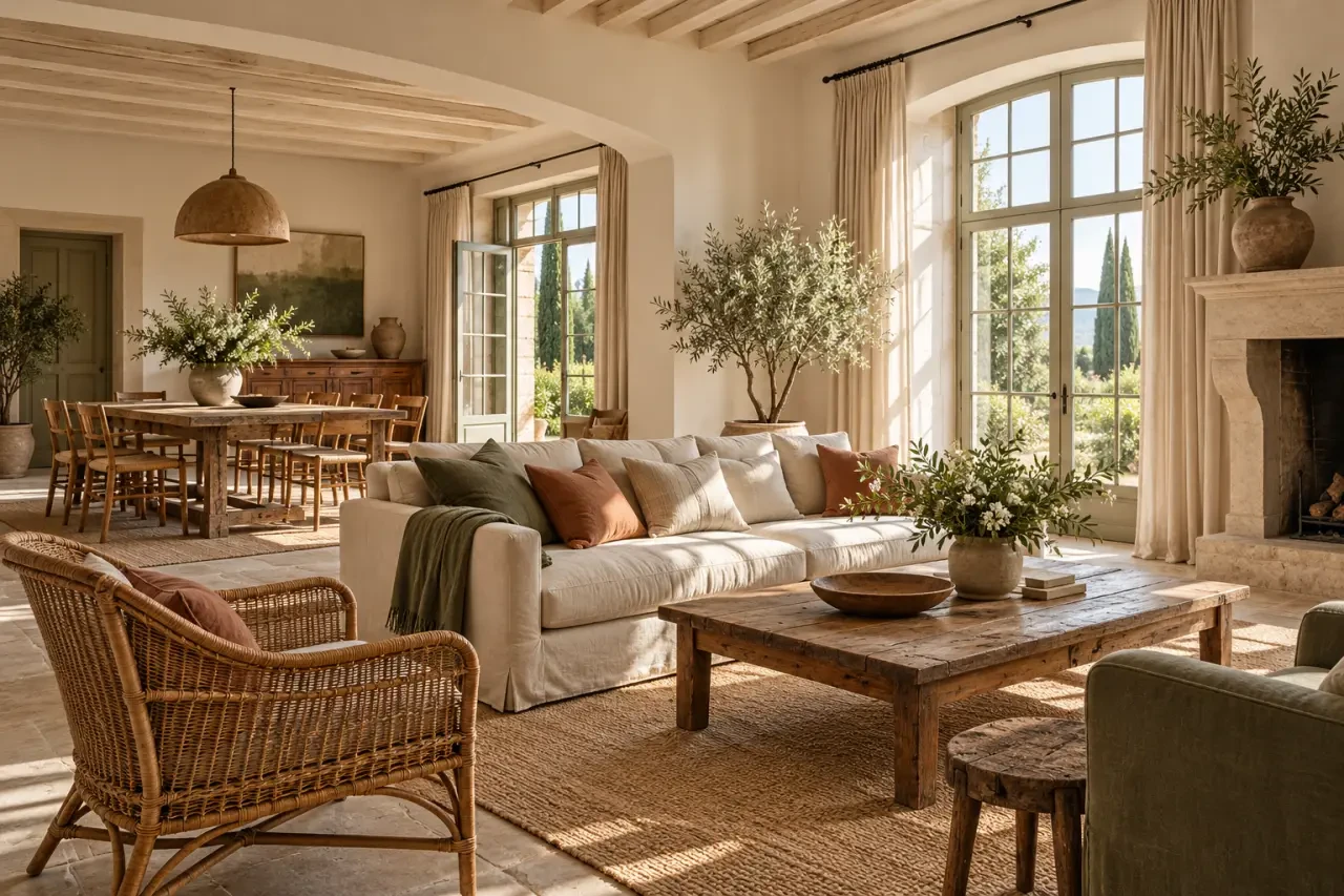 Déco maison de famille dans un salon-salle à manger chaleureux avec table en bois et textiles naturels