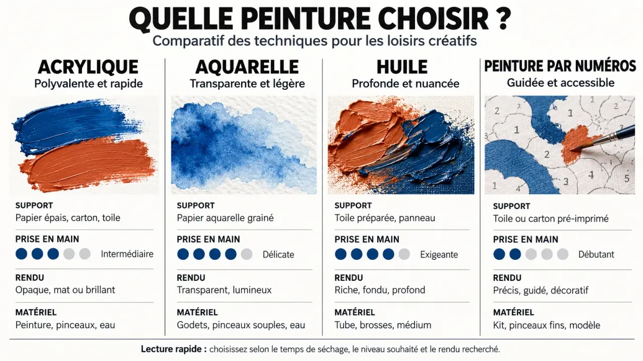 Infographie comparative des techniques de peinture loisirs créatifs : acrylique, aquarelle, huile et peinture par numéros