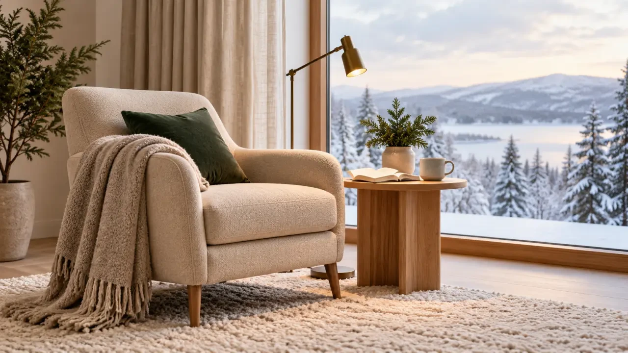 Décoration hiver maison avec coin lecture, tapis, plaid et rideaux thermiques