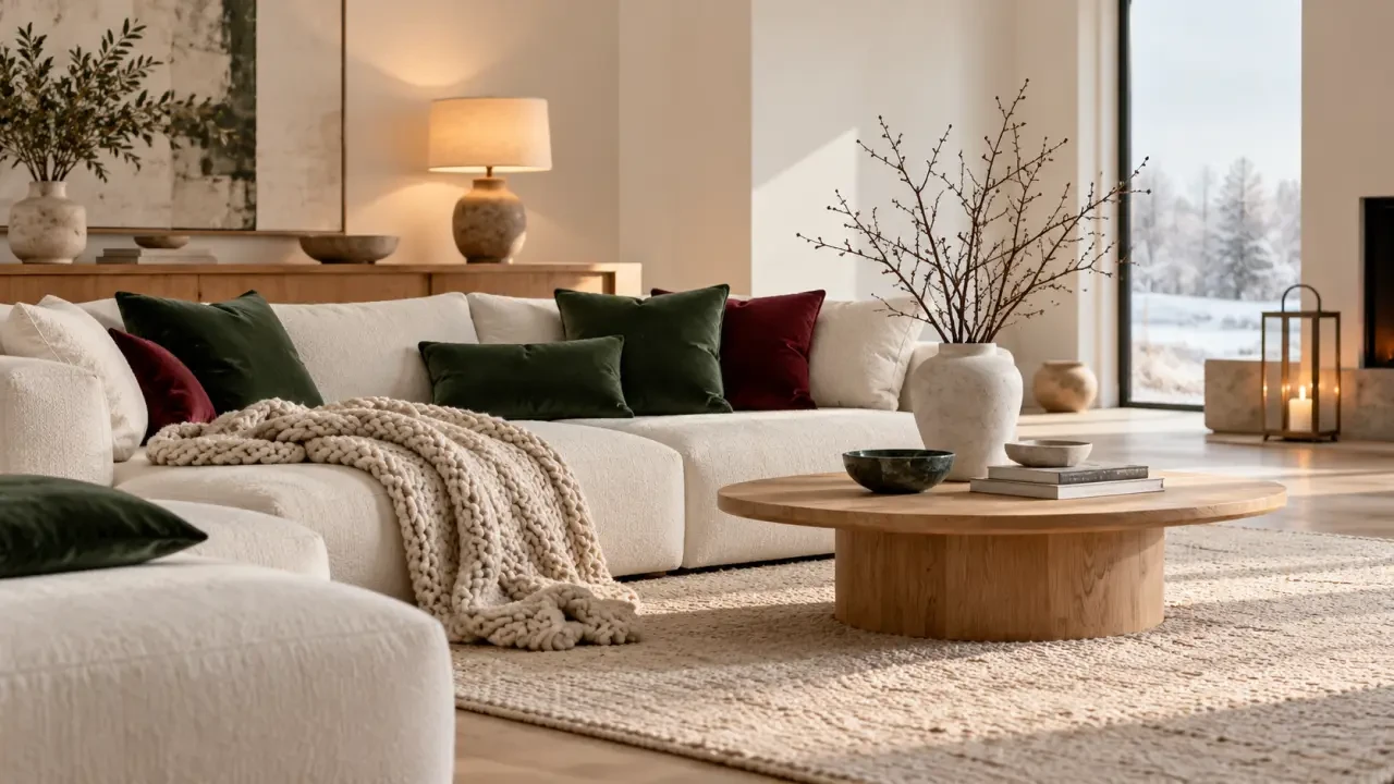 Décoration hiver maison avec salon chaleureux, plaid en maille et lumière douce