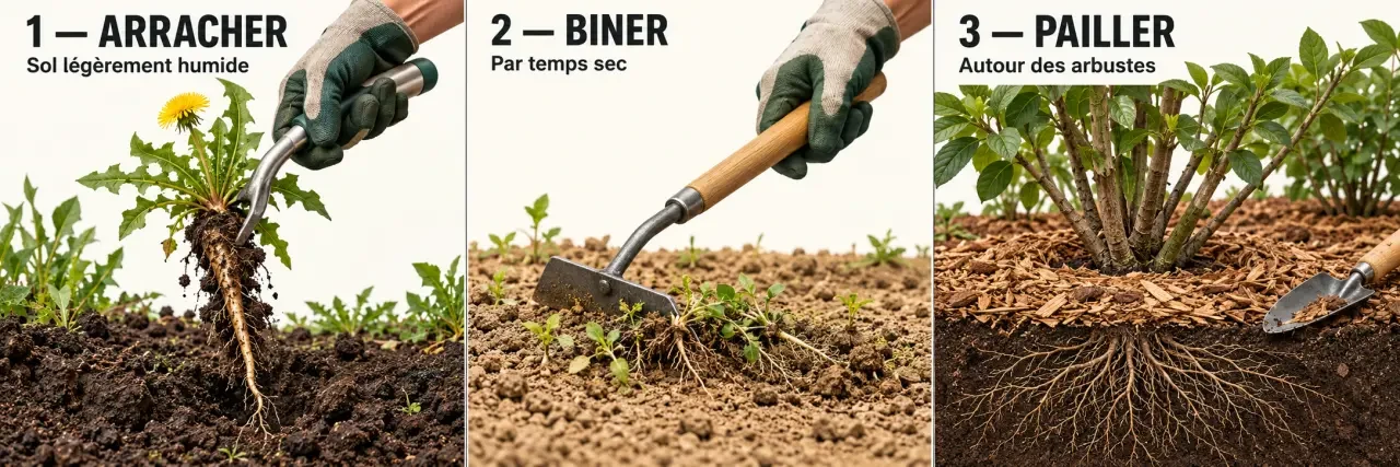 Désherber au naturel par arrachage, binage et paillage dans un jardin