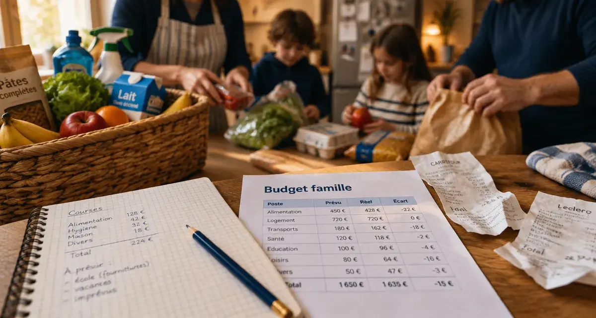 Exemple budget famille 4 personnes : tableau et courses, 3 000 € répartis