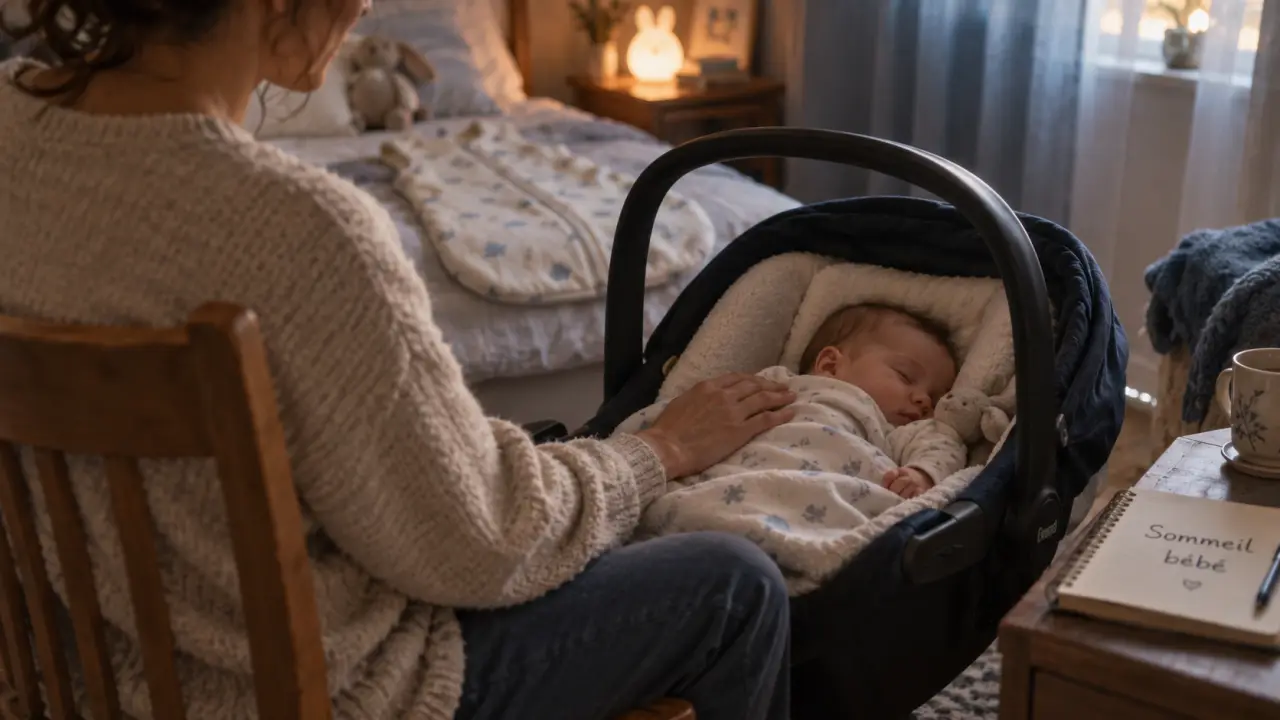 heure sommeil bébé : parent couche bébé tôt dans chambre calme
