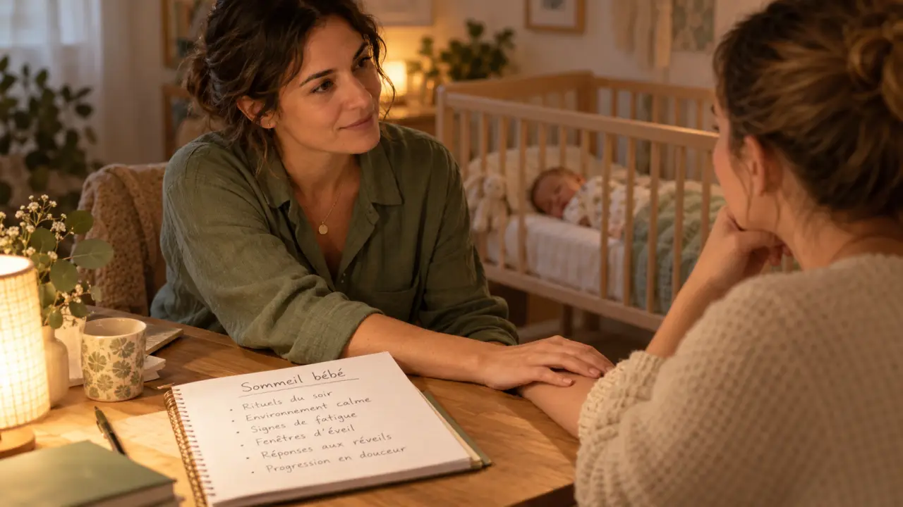 Kinesiologue pour le sommeil bébé, soutien du nourrisson près d’un berceau