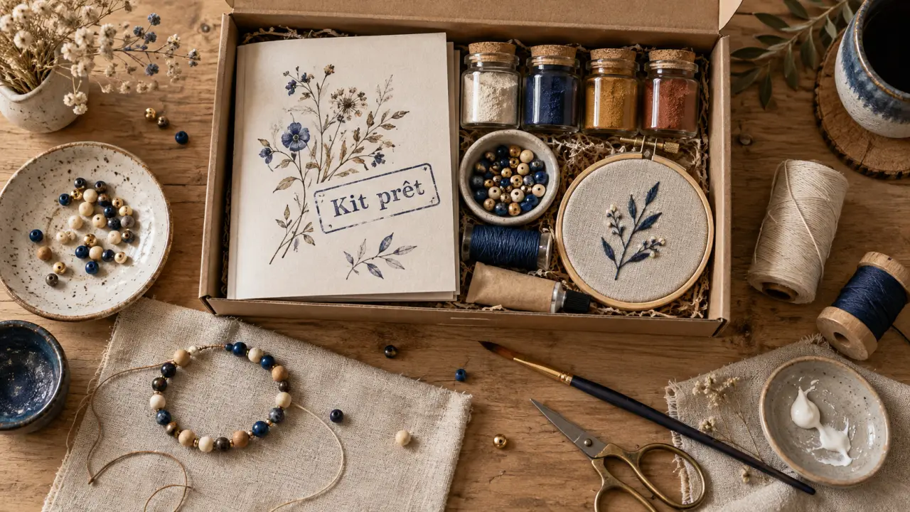 Kit créatif adulte : coffret ouvert avec fournitures et toile