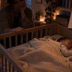 Sommeil bébé 10 mois perturbé : parent près du lit